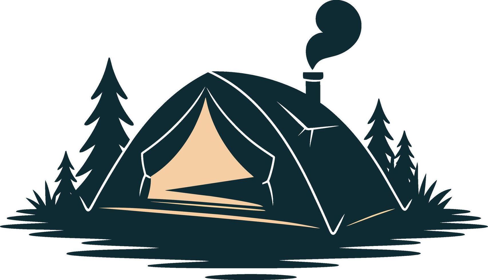Tent in Forest Silhouette Camping Scene with Smoke Chimney vector