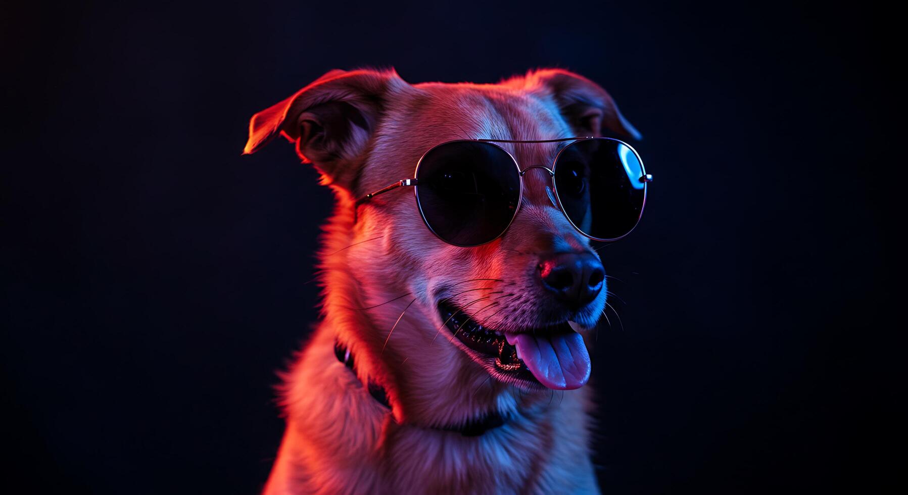 A dog wearing sunglasses on a dark background photo