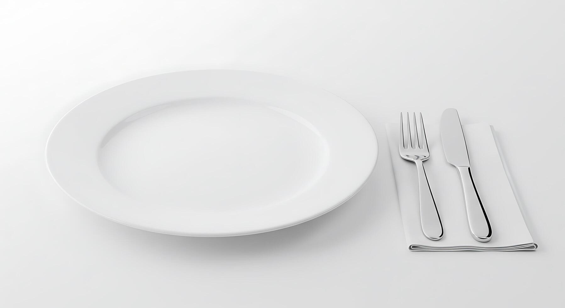 Empty plate, fork and knife on white background photo