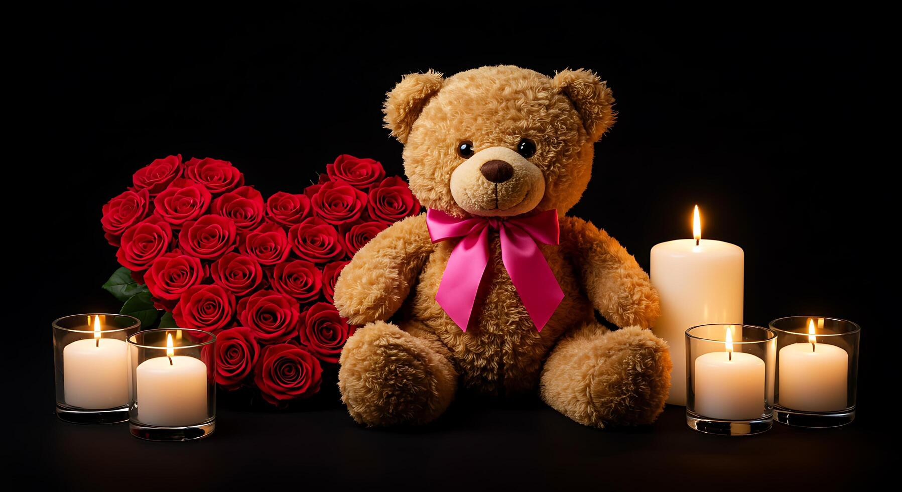 A teddy bear and roses are next to candles photo