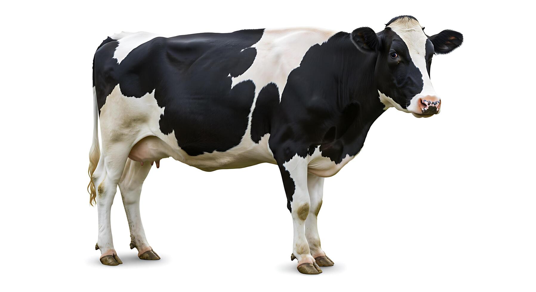 A black and white cow standing in front of a white background photo
