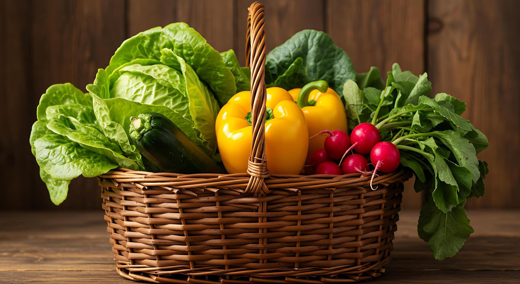 A basket filled with vegetables on a wooden table photo