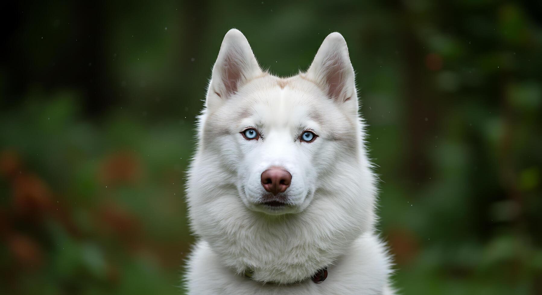 A white husky dog with blue eyes looking at the camera photo