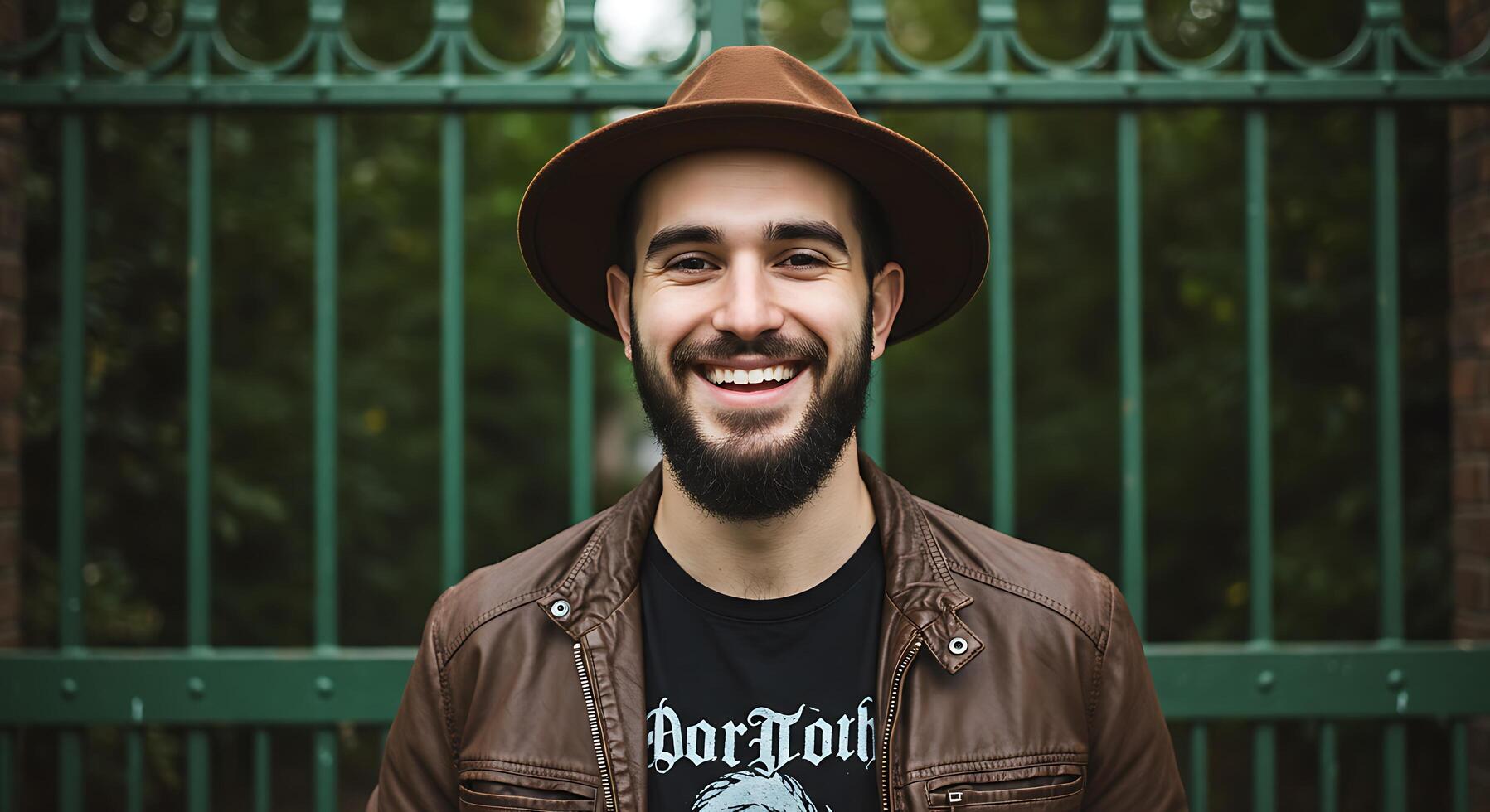 A man with a beard and hat smiling in front of a fence photo