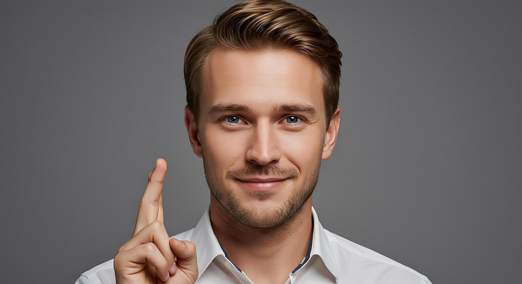 A man is pointing his finger up photo