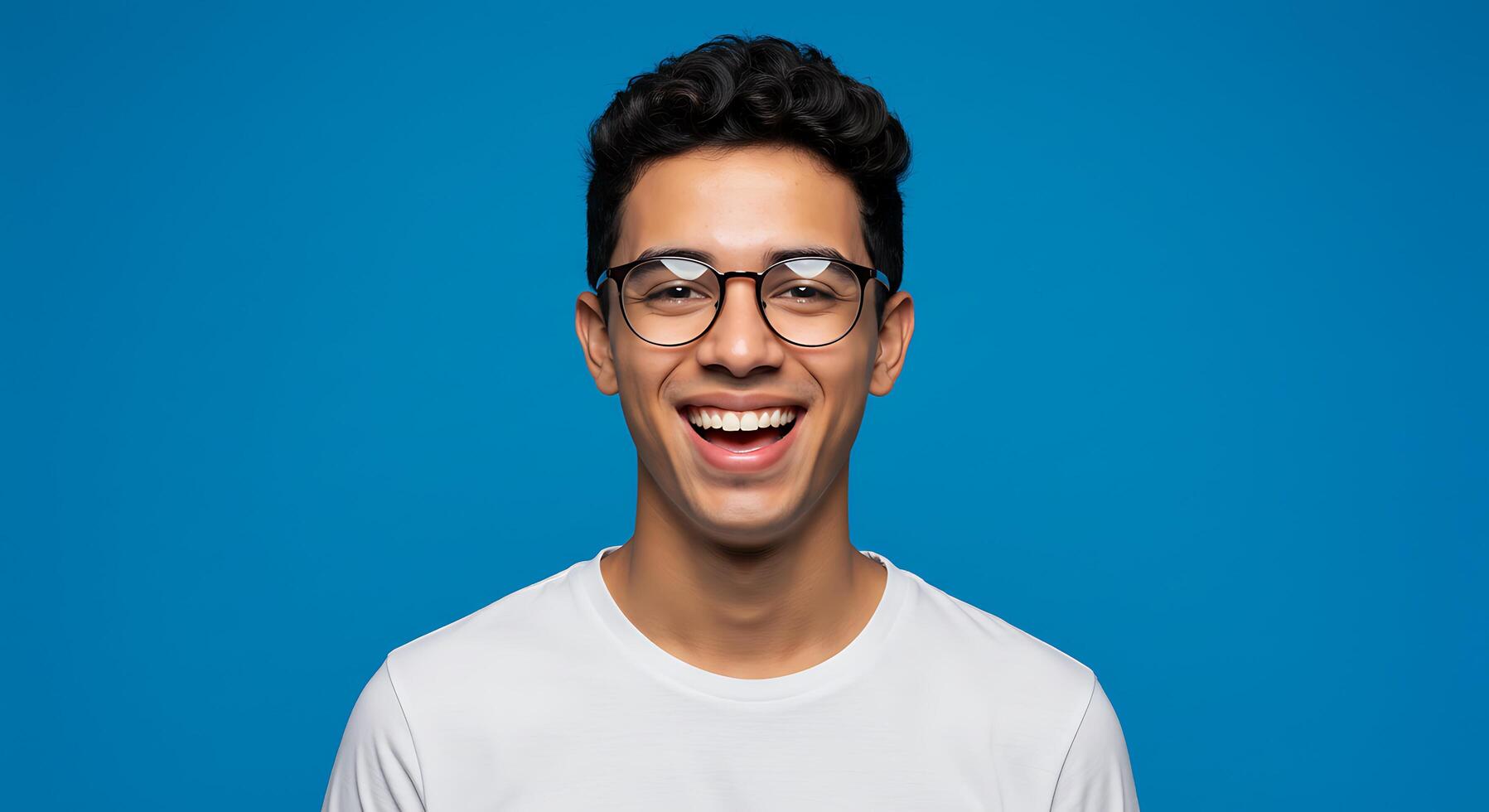 A man with glasses and a white t - shirt smiling photo