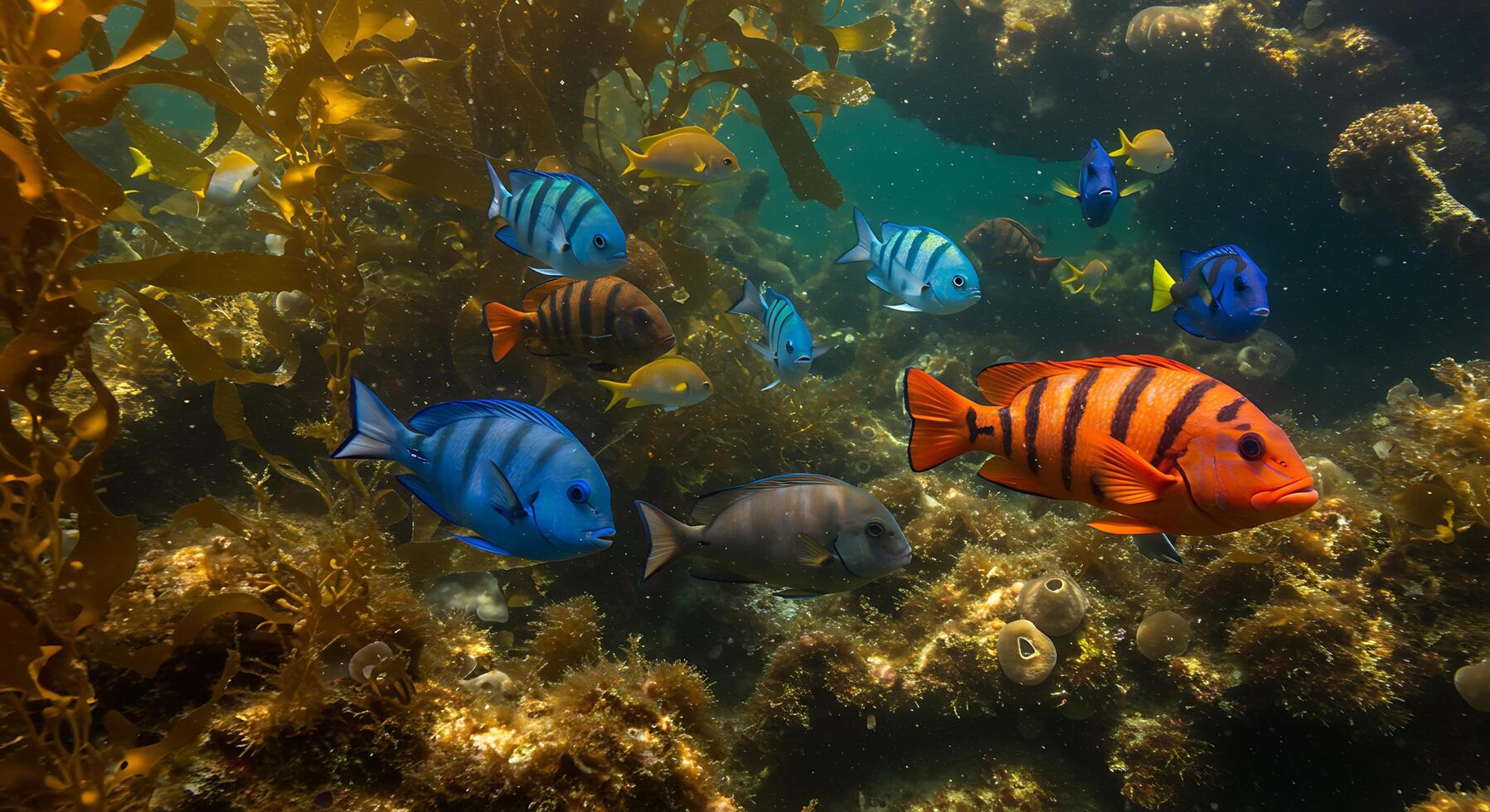 A group of colorful fish swimming in the ocean photo