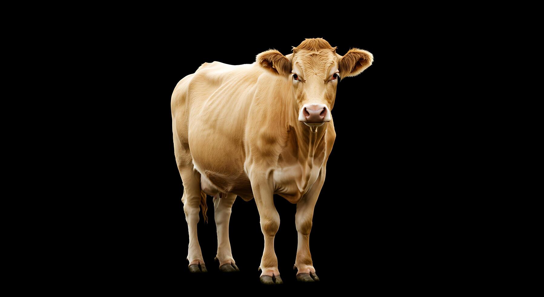 A brown cow standing in front of a black background photo