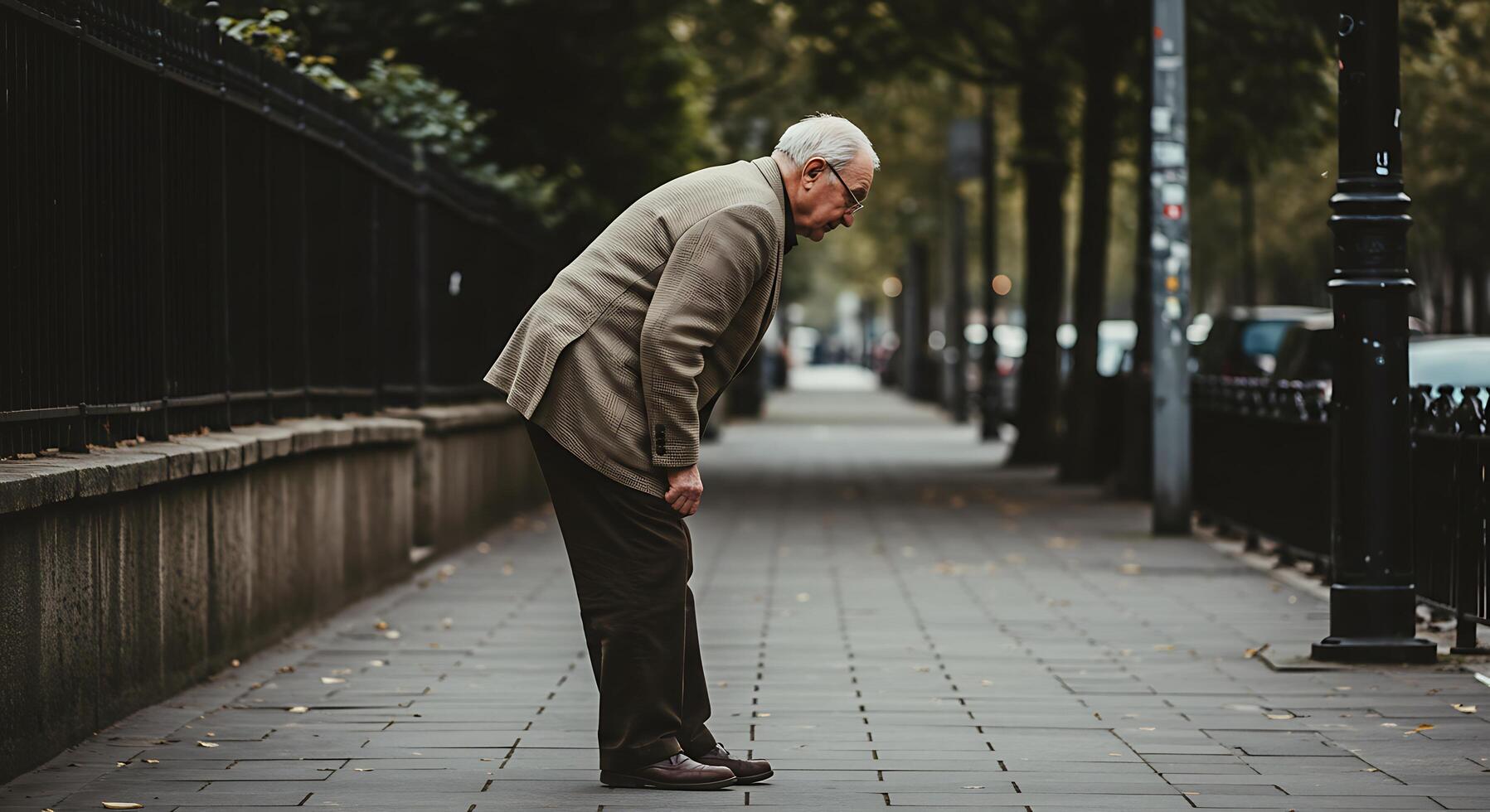 An older man is standing on the sidewalk photo