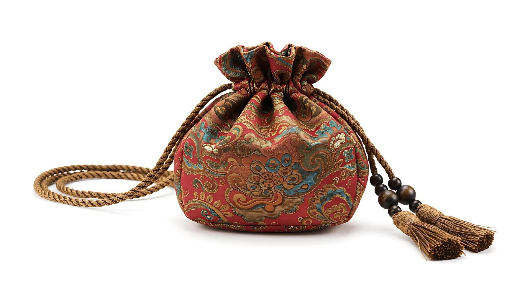 A red and gold paisley bag with tassels photo