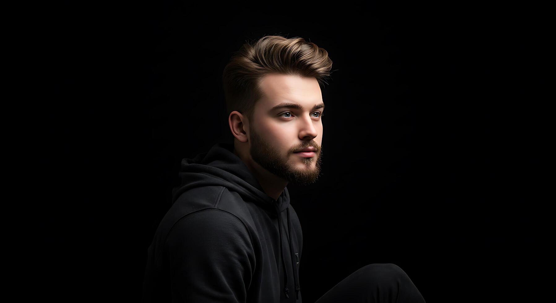 A man with a beard and a hoodie sitting down photo