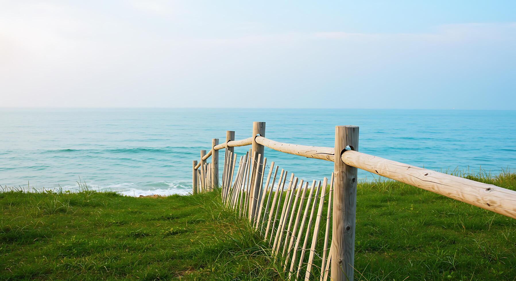 A fence with a bench next to the ocean photo