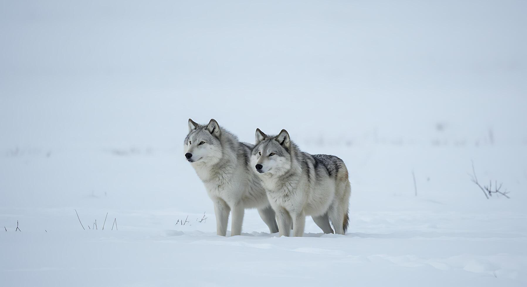 Two gray wolfs standing in the snow photo
