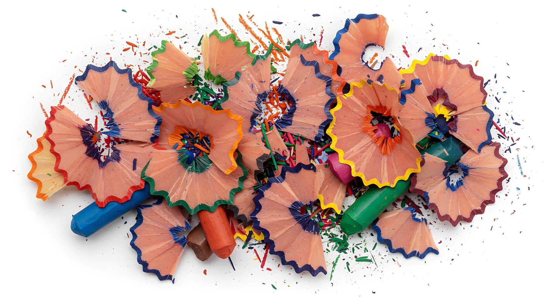 Colorful pencils scattered on a white surface photo