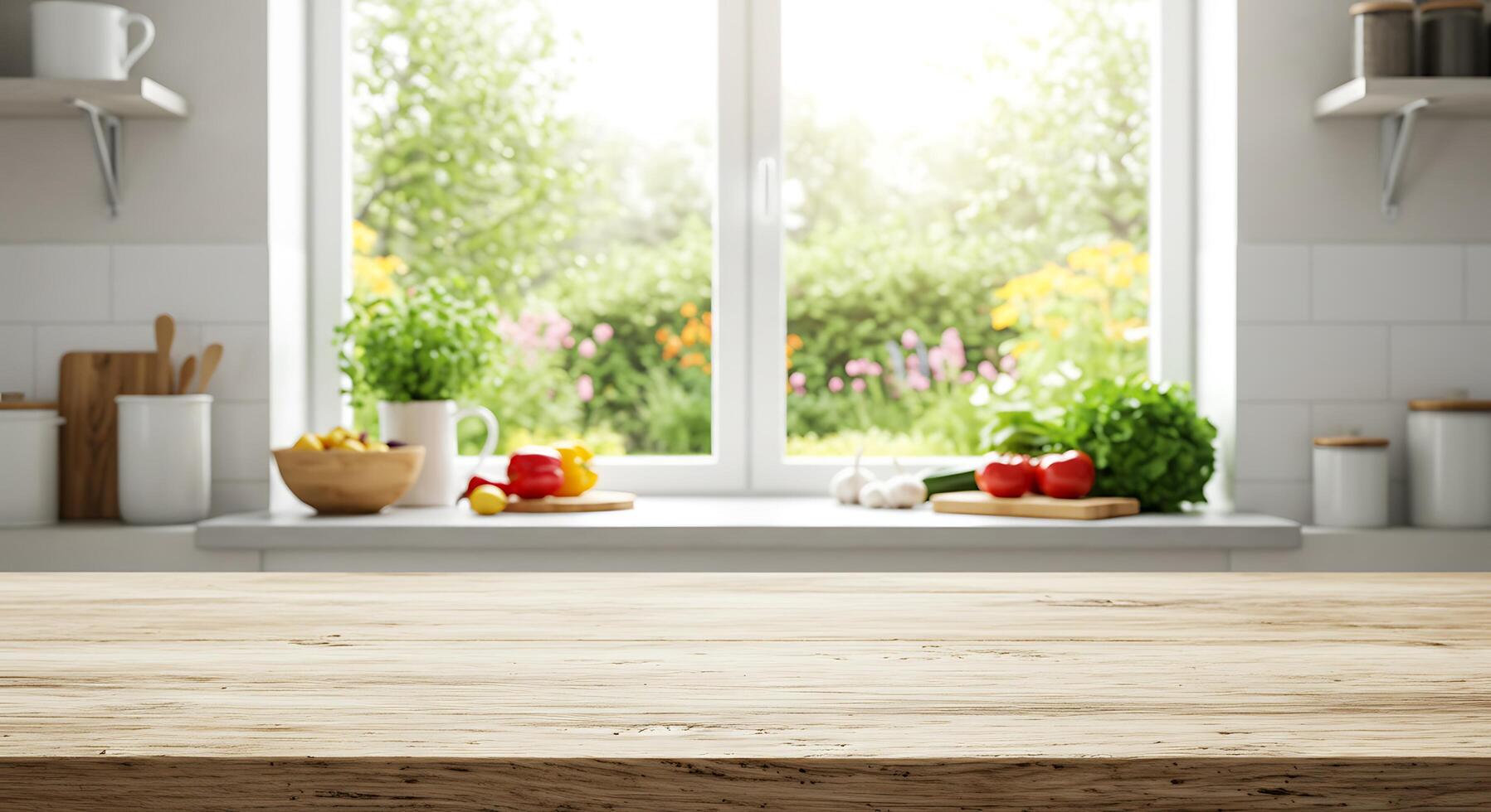 Wooden table in kitchen with window and flowers photo