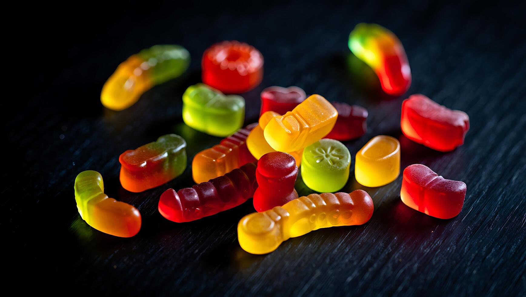 Top Down View of Colorful Jelly Candies Arranged in Geometric Grid on White Marble Surface photo