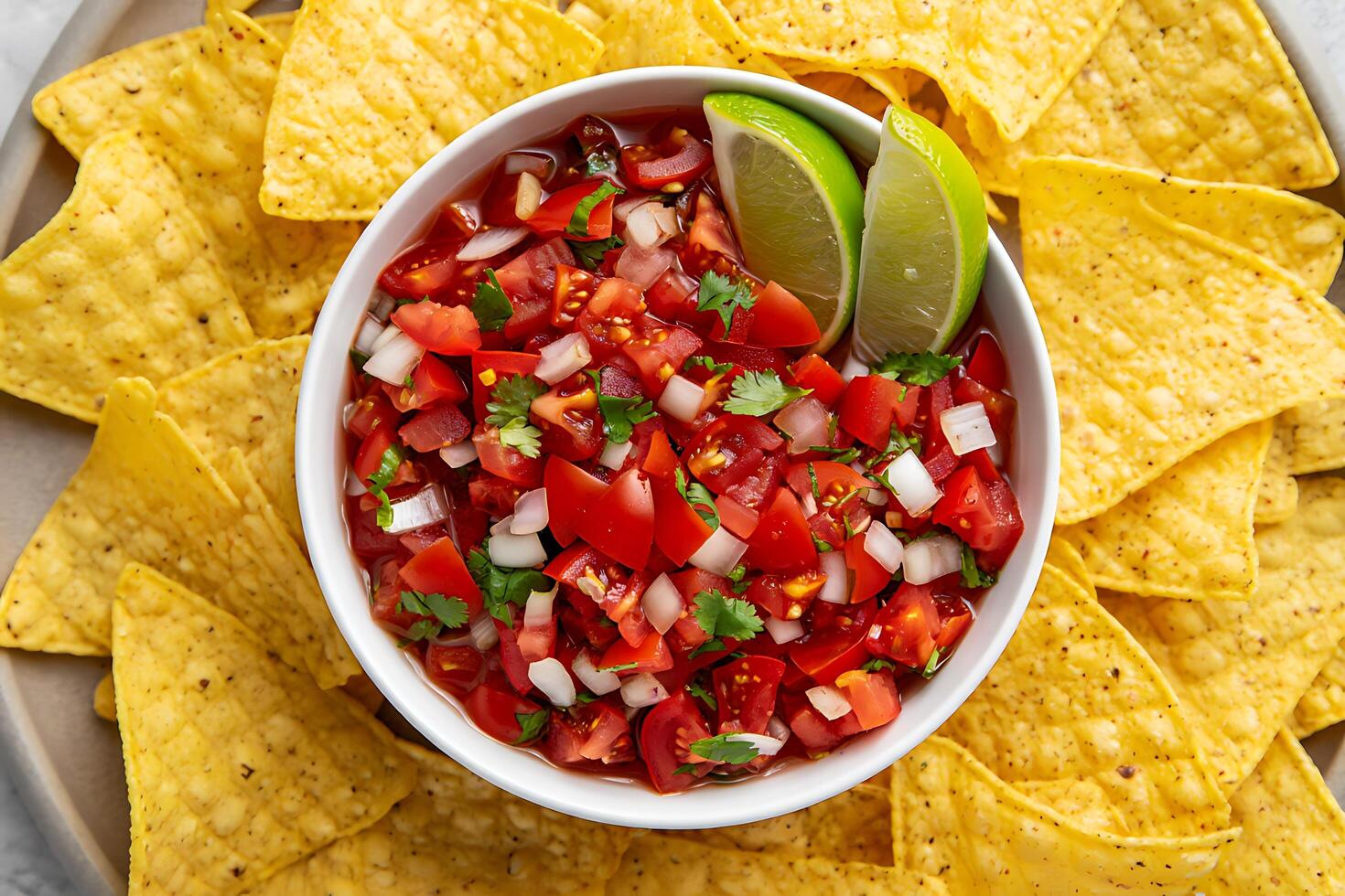 Fresh Homemade Salsa with Tomatoes, Onions, Cilantro, Lime Wedges, and Corn Chips ST photo