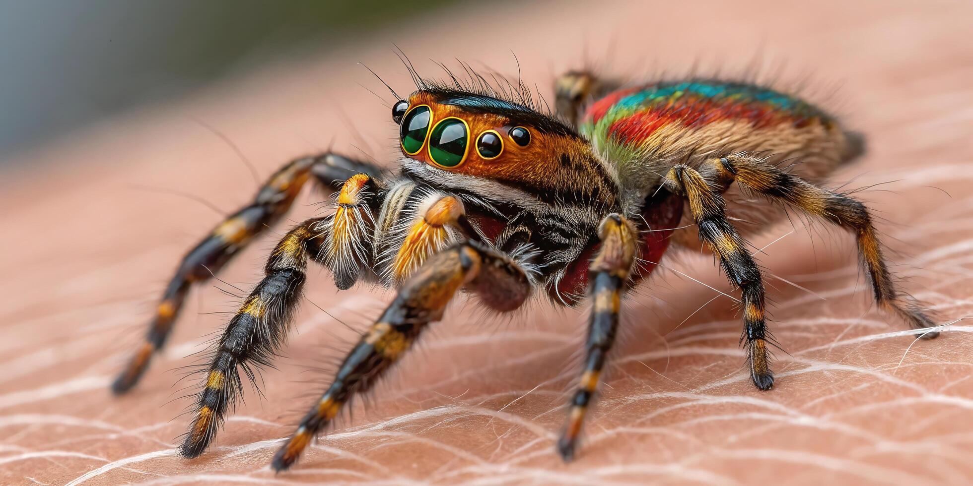 Extreme Macro of Jumping Spider with Blue and Orange Patterns on Human Skin FD photo