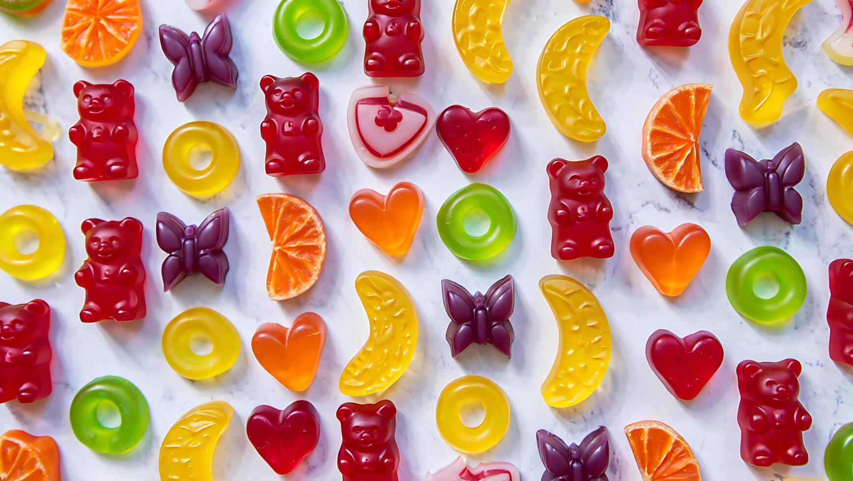 Top Down View of Colorful Jelly Candies Arranged in Geometric Grid on White Marble Surface TS photo