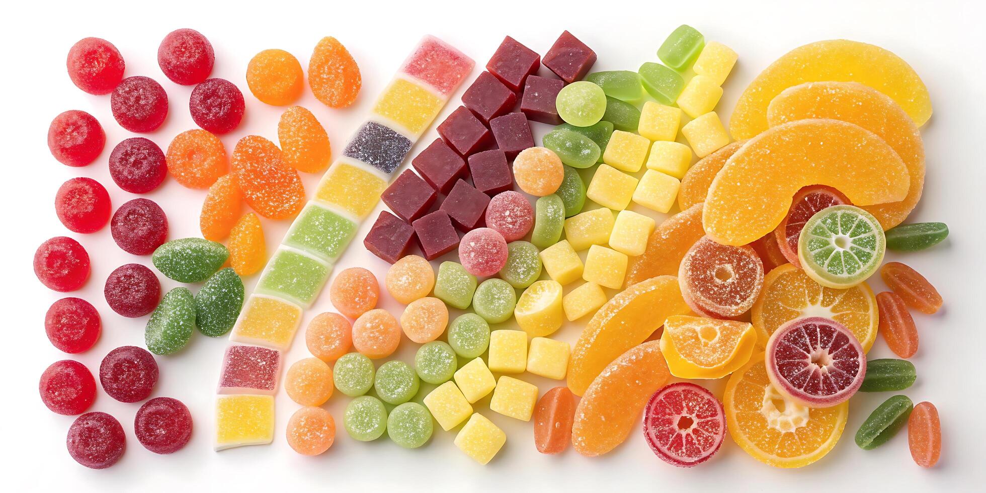 Top Down View of Colorful Jelly Candies Arranged in Geometric Grid on White Marble photo
