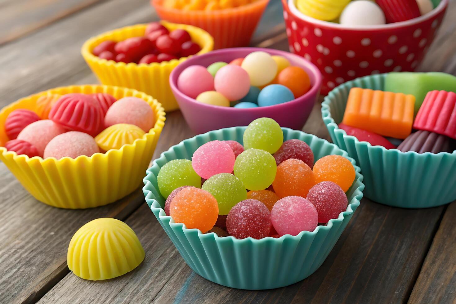 Top Down View of Colorful Jelly Candies Arranged in Geometric Grid on White Marble DG photo