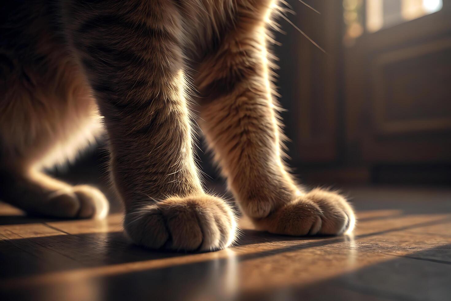 Furry Cat Paws on Hardwood Floor with Dramatic Lighting and Soft Background photo