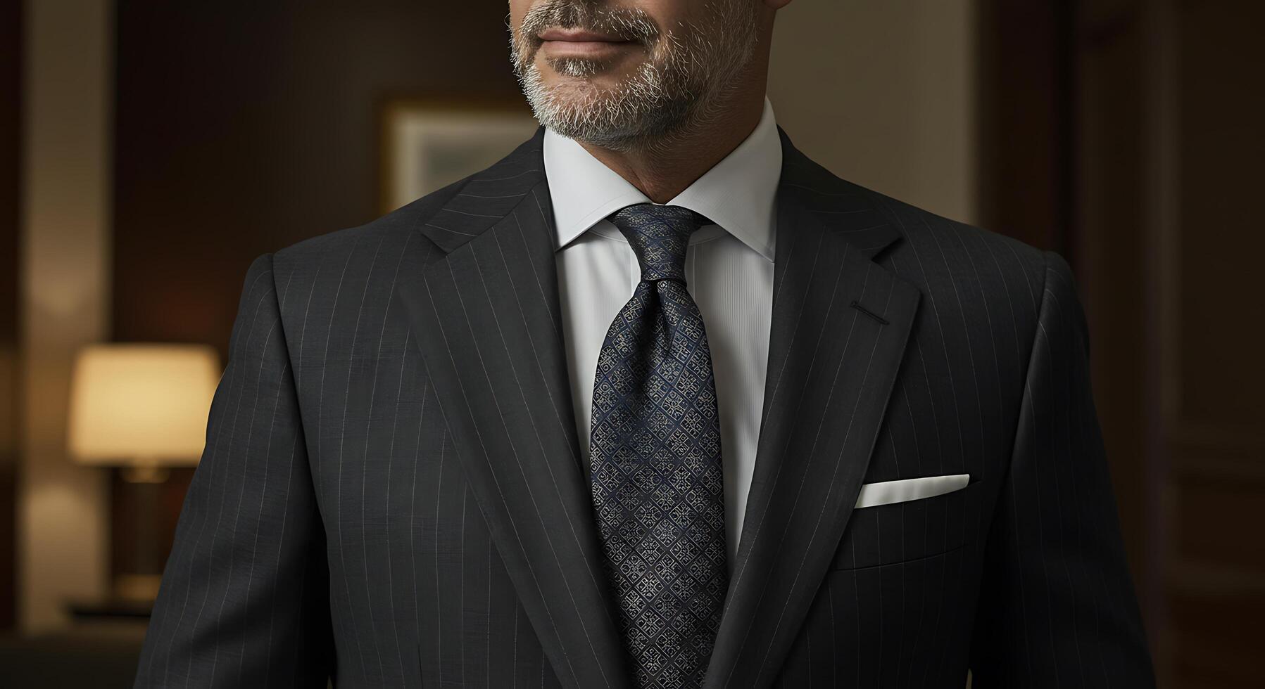 A man in a suit and tie standing in a hotel room photo