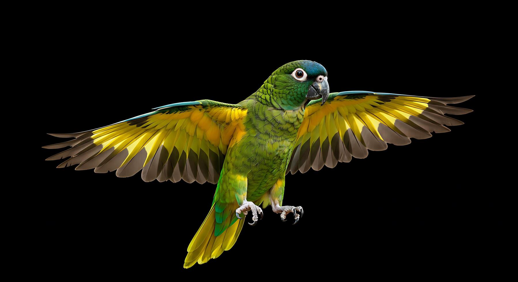 A green and yellow bird flying in the air photo
