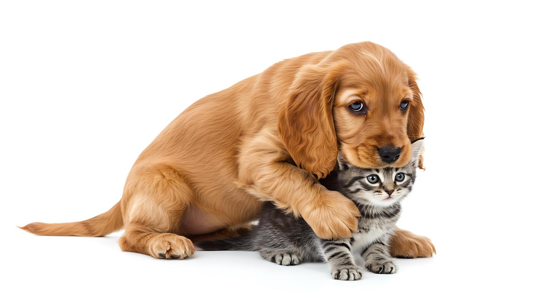 A dog and a kitten are playing together photo