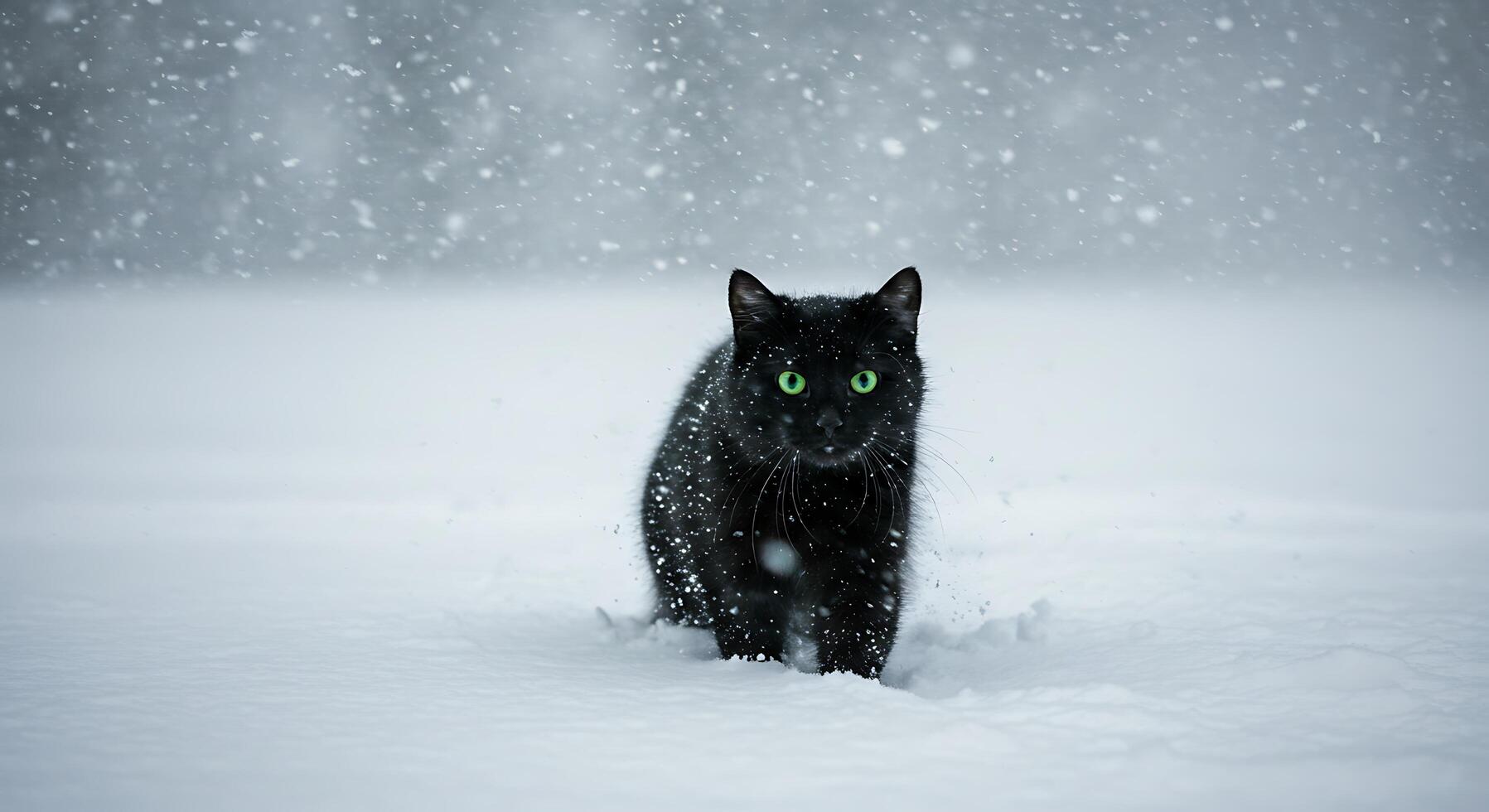 A black cat walking through the snow photo