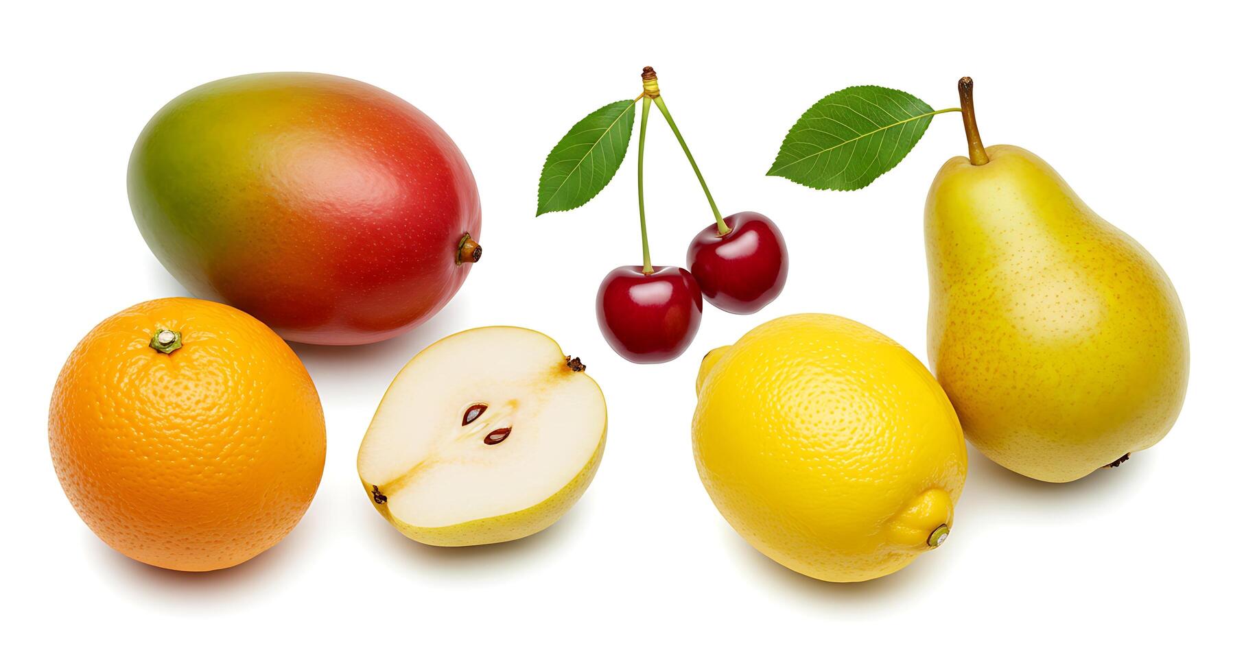 Various fruits are shown on a white background photo