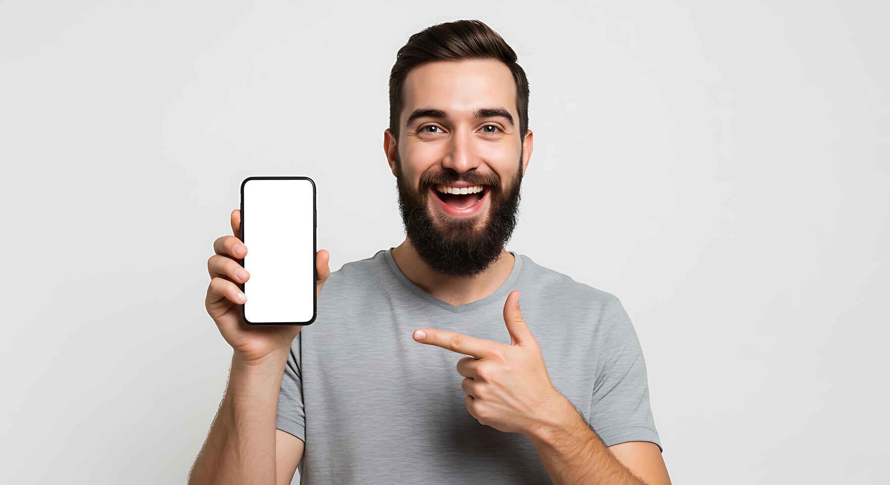A man with a beard and a beard is holding up a phone with a blank screen photo