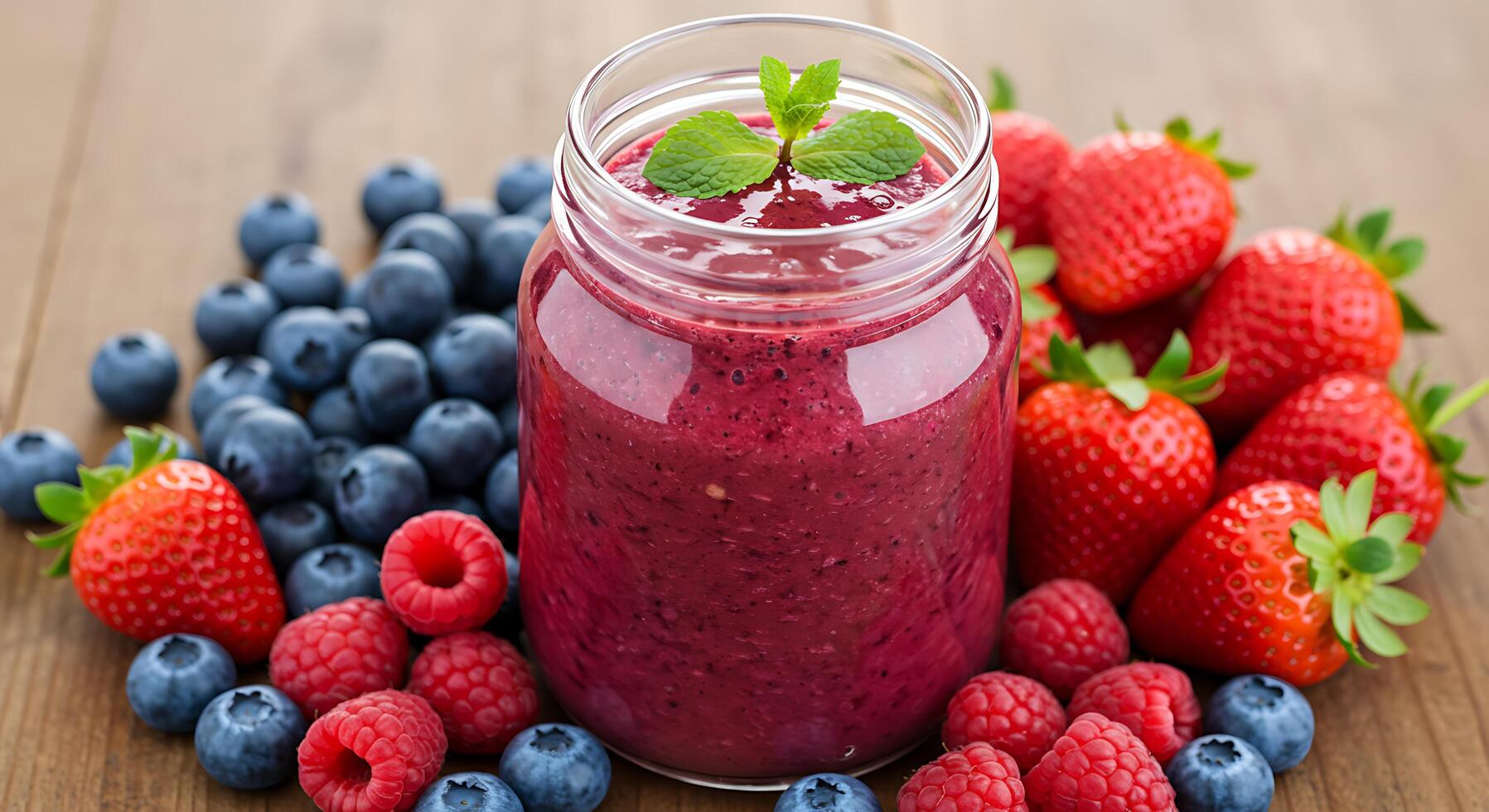 A smoothie with berries and raspberries is shown photo