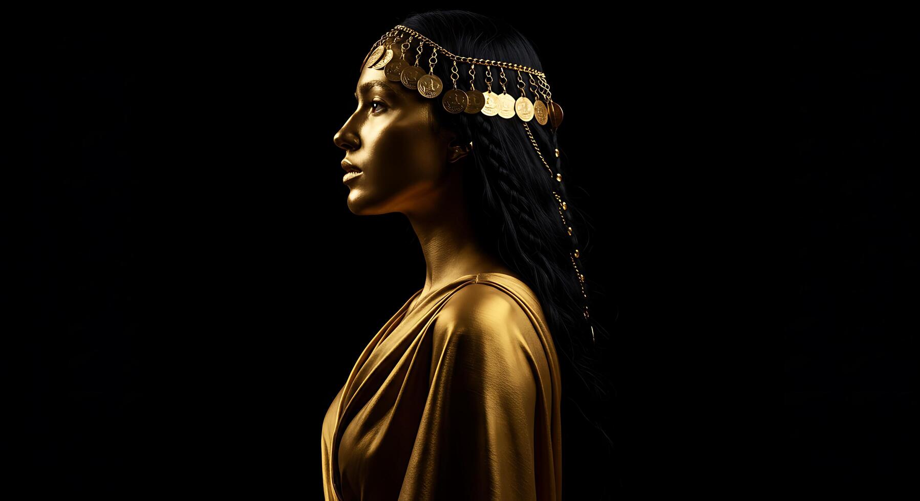 A woman in gold with a headdress photo