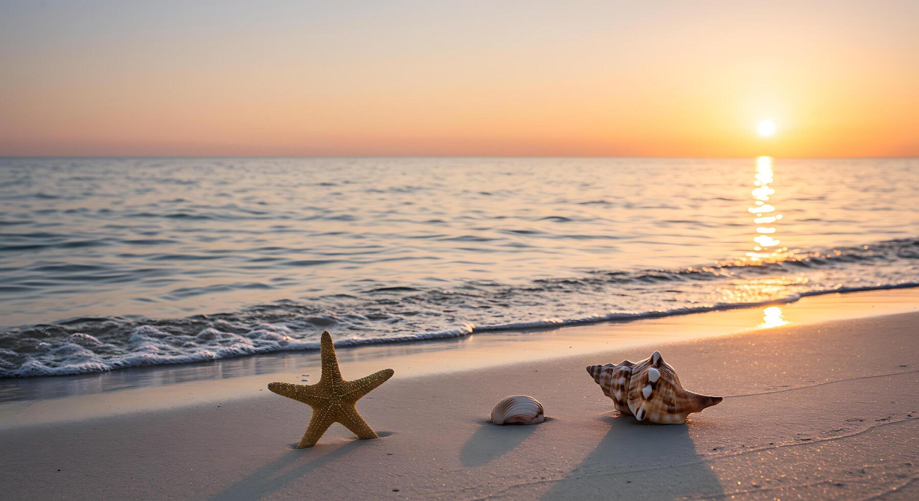 A starfish and shell on the beach at sunset photo