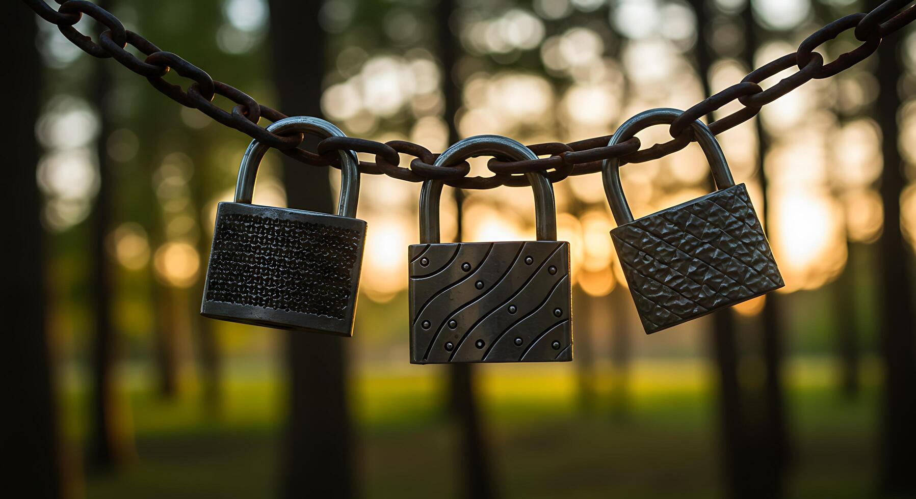 Three padlocks are hanging on a chain photo