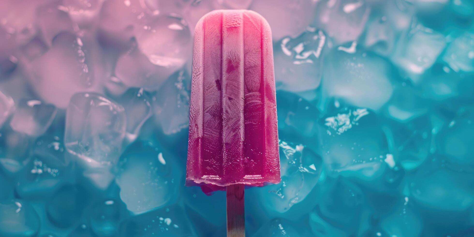 horizontal summer banner, one berry bright pink purple ice cream on a stick, blue ice cubes, poster for an ice cream shop, minimalism, top view photo