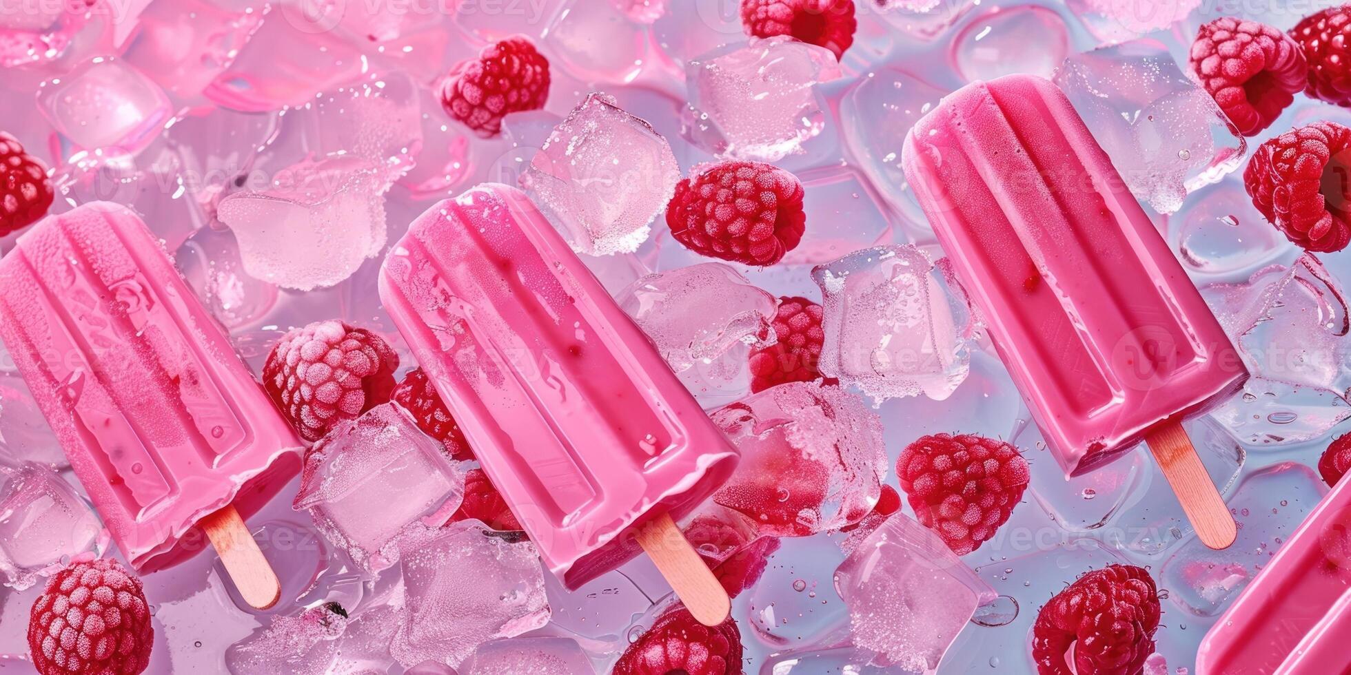 horizontal summer banner, bright red raspberry ice cream on a stick, fresh raspberries, ice cubes, delicate pink pastel shades, poster for an ice cream shop photo