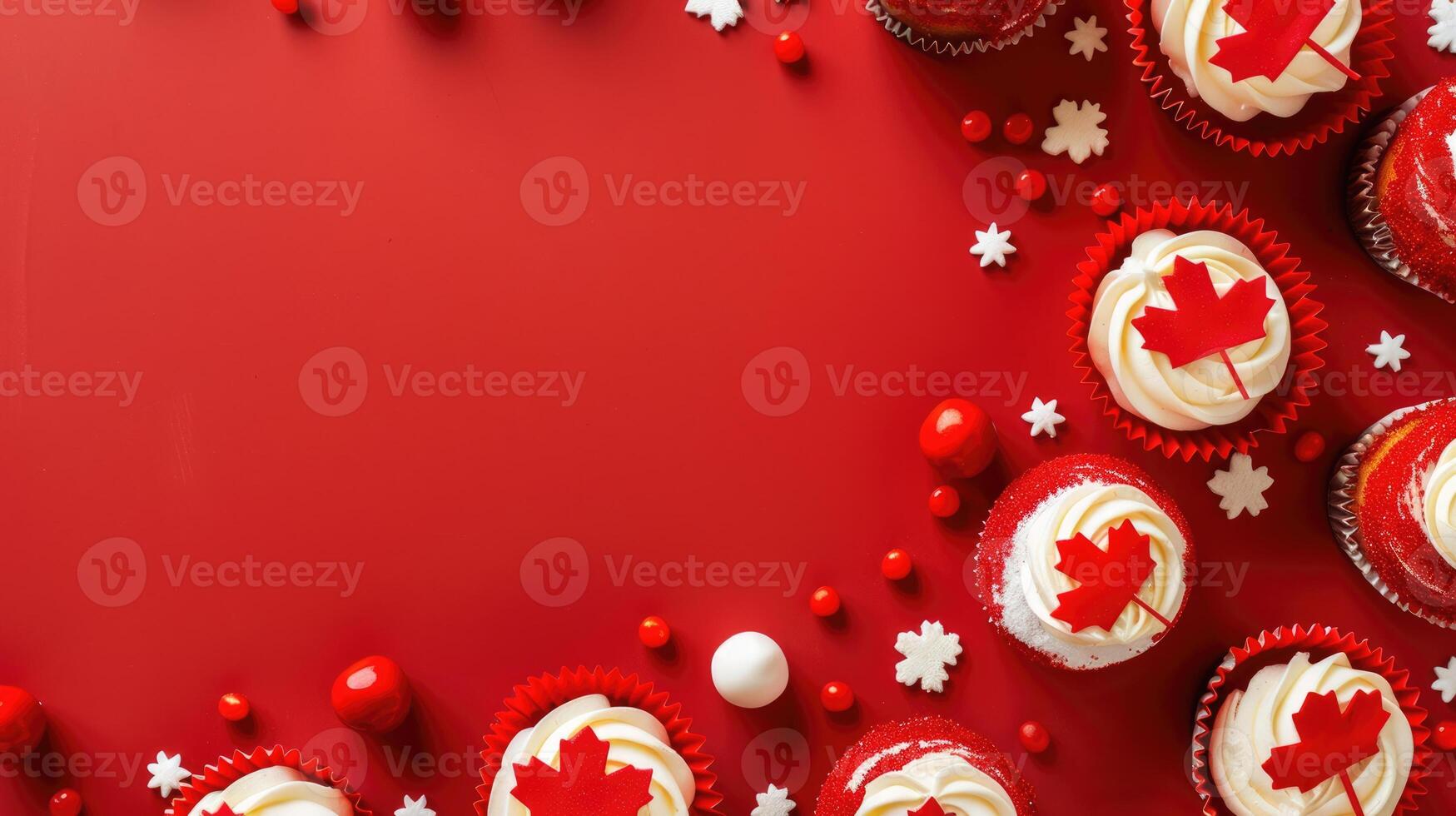 Civic Day Holiday Canada, cupcakes decorated with red maple leaf, minimalism, red background, horizontal banner, copy space, free space for text photo