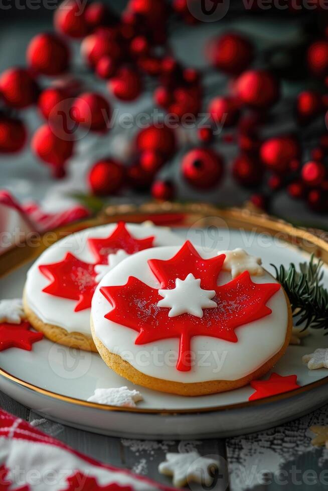 Victoria Day in Canada, round shortbread cookies decorated with white icing and red maple leaf, flag of Canada, atmospheric background, vertical banner photo