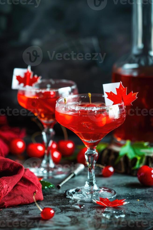Civic Day Holiday Canada, cherry elegant cocktails decorated with red maple leaf, dark background, vertical banner photo