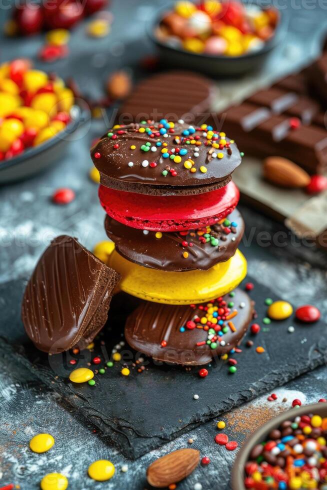 a stack of chocolate round cookies decorated with red and yellow icing and sprinkles, National Day of Belgium, vertical banner photo