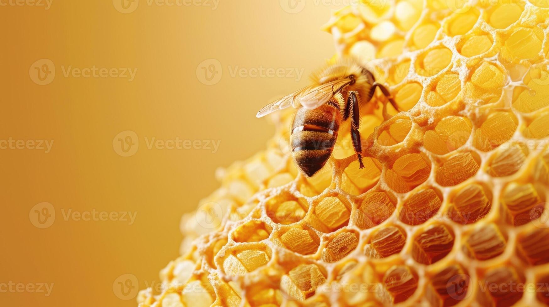 Close-up of a honey bee on a honeycomb, yellow background, horizontal banner, copy space, free space for text photo