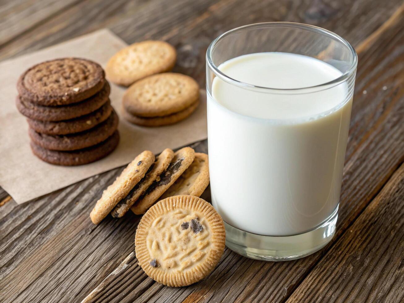 Milk And Cookies On Wooden Table photo
