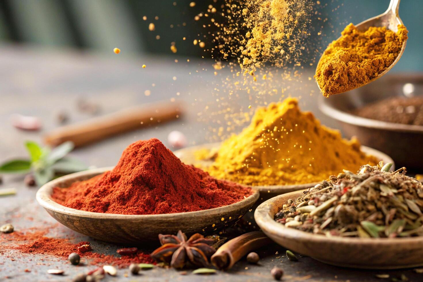 Vibrant Spices In Wooden Bowls photo