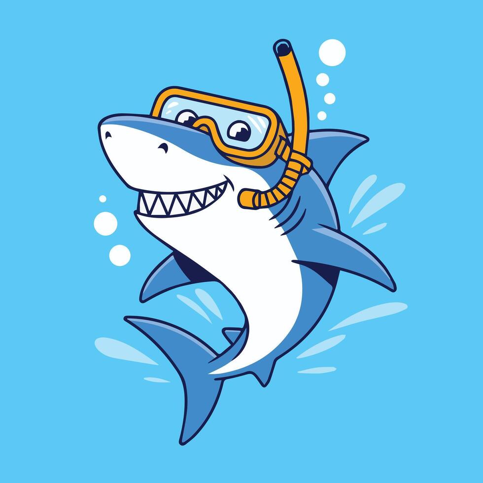 Happy cartoon shark with white body and blue fins wearing yellow diving goggles and snorkel. Smiling with sharp teeth, surrounded by bubbles on a solid light blue background. vector