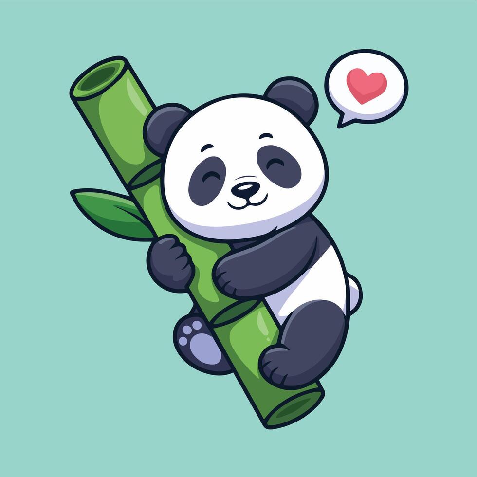 Cute cartoon baby panda hugging a glossy green bamboo stalk on a mint green background Kawaii style with clean lines, minimal shading, and a heart speech bubble vector