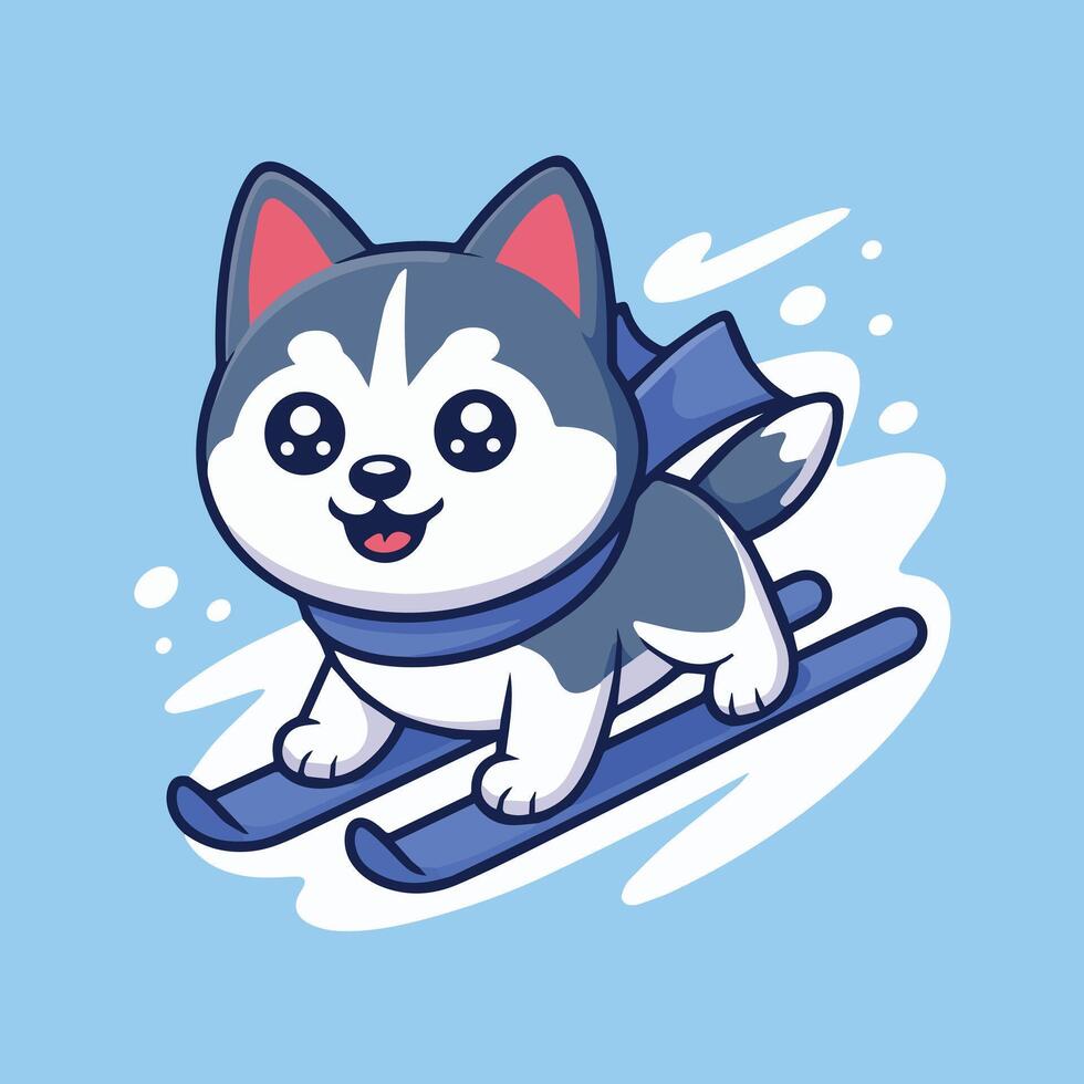 Adorable cartoon Husky skiing dynamically with a blue scarf and blue skis on a solid light blue background. Kawaii style with expressive eyes, gray fur, and cheerful smile. vector