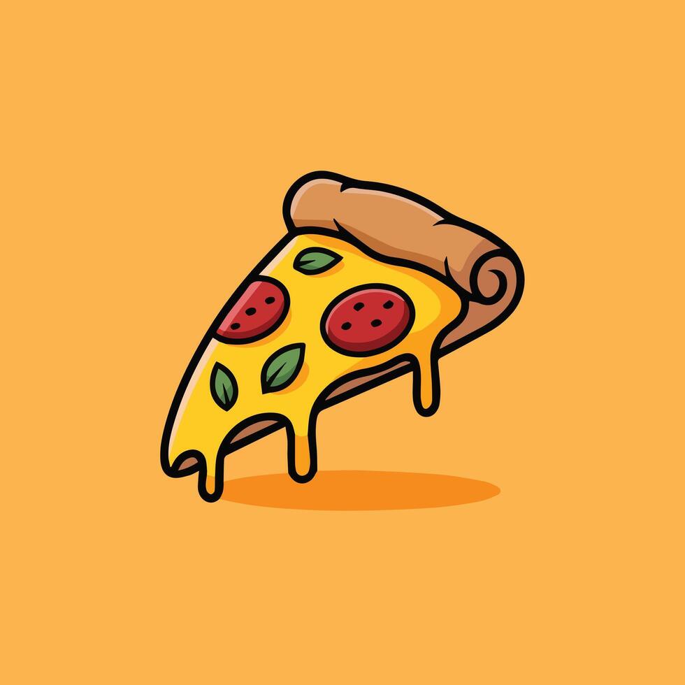 Cute cartoon pepperoni pizza slice floating on orange background. Melty cheese, basil, and clean lines in a warm, simple style. Perfect for food, kids, and sticker art. vector