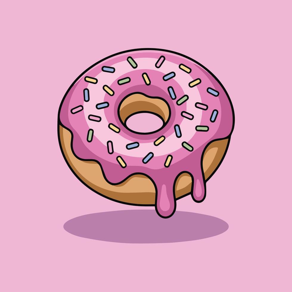Cute digital illustration of a melting donut with pink glaze and colorful sprinkles on a soft pink background. Minimalist style with smooth gradients and pastel tones. vector